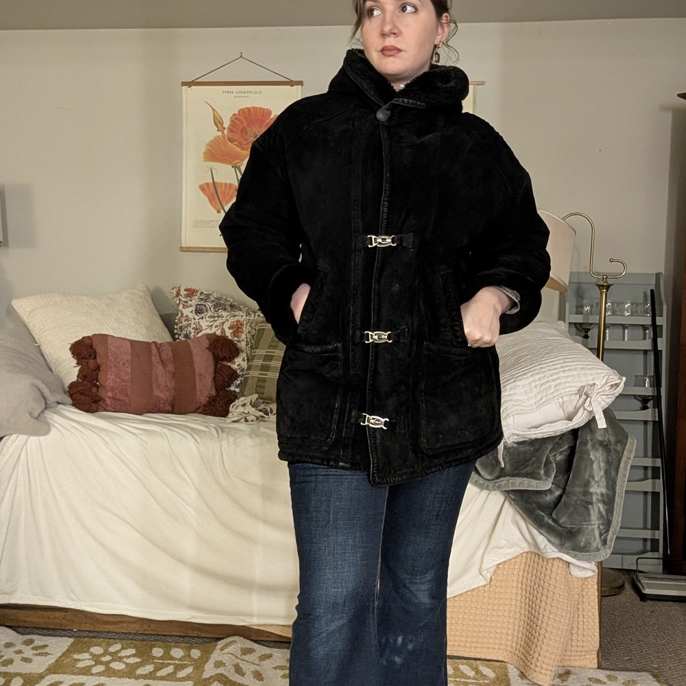 Gallery Women's Black Toggle Teddy Coat Leather